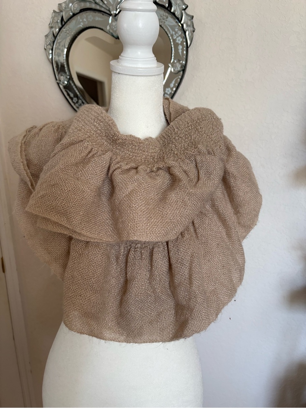 Express Beige With Gold Threading Ruffle-Trim Infinity Scarf - Picture 3 of 6